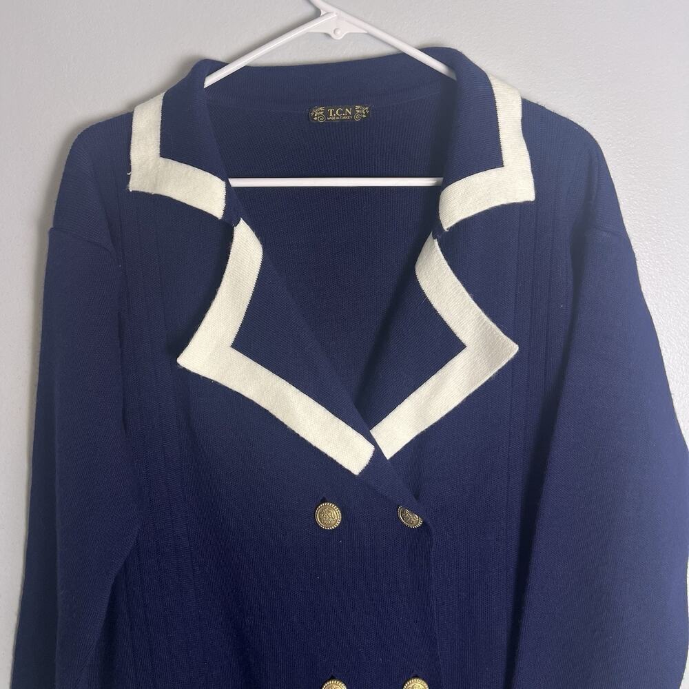 T.C.N Women's Wool Blend Button Up Blazer Sz L Navy Blue Preppy Academia Classy - Picture 2 of 9